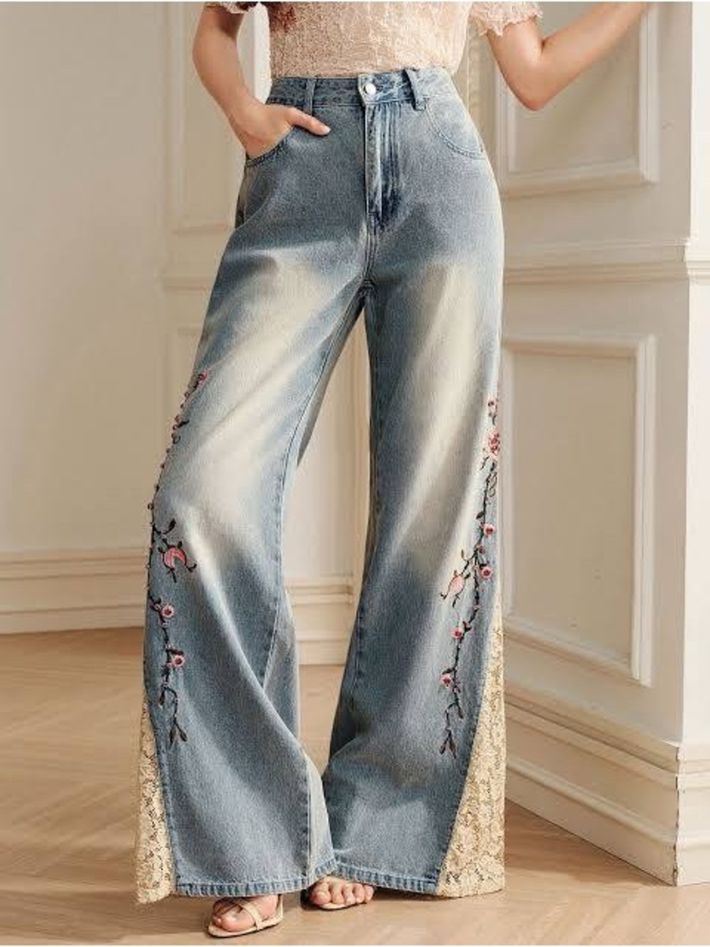 Light Blue Floral Embroidered Wide-Leg Jeans with Lace Panels